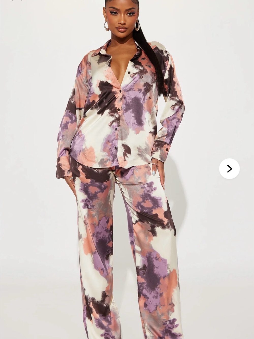 Fashion Nova Satin Tie-Dye Two Piece Set in Cream, Purple, Peach & Brown